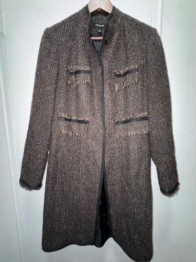 Prague Tweed Fringe Trim Long Coat in Brown Small Wool Blend